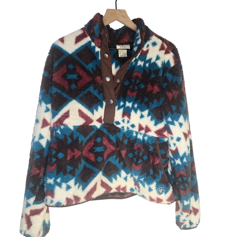 Ariat Berber Snap Front Sweatshirt Women Large Blue Aztec Fleece Western